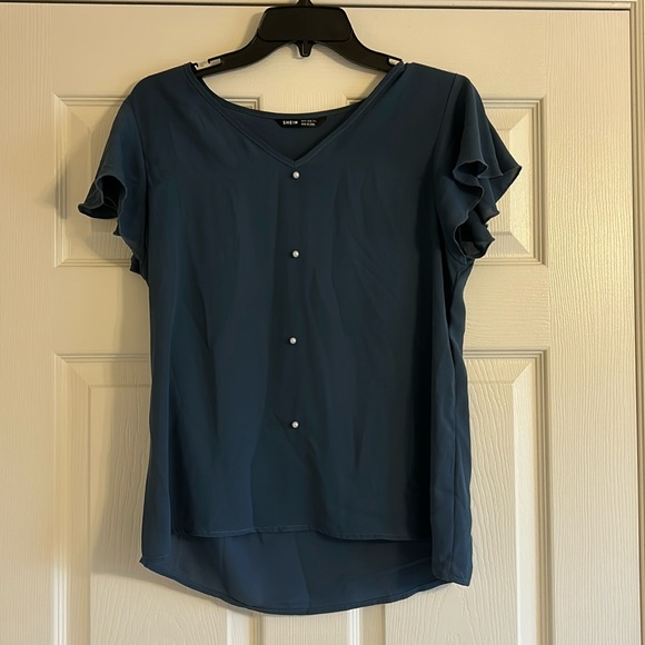 SHEIN Tops - SHEIN ruffle sleeve pearl front v-neck navy blue size medium blouse